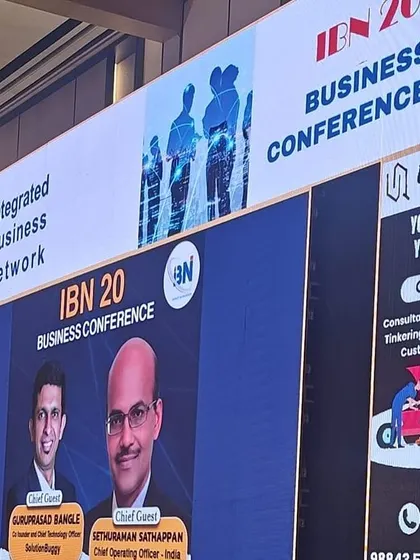 A shot of the branding at the IBN 20 Business Conference, featuring our CTO, Guruprasad Bangle. We actively connect with industry pioneers to foster excellence and innovation.