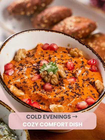 Cold evenings call for a cozy comfort dish. Our rich and warm Muhammara dip, topped with walnuts and pomegranate, is perfect for a slow, cozy moment.
