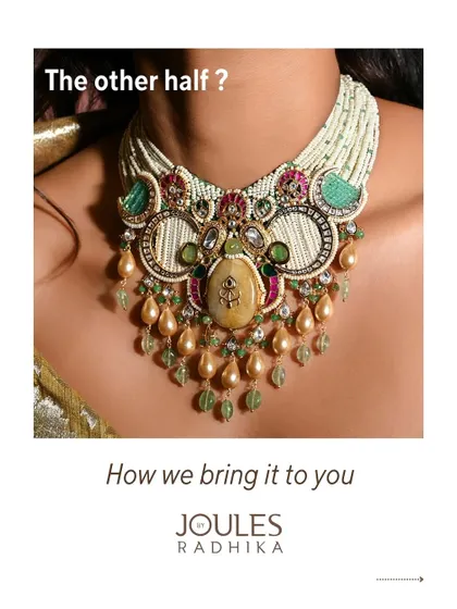 A stunningly intricate bridal collar necklace, used here to tell the story of how we bring our jewelry and services to you.