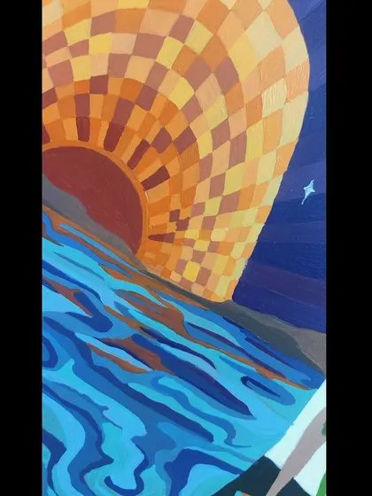 A duplicate of image 56, showing a close-up of the pixelated sunset over the water.