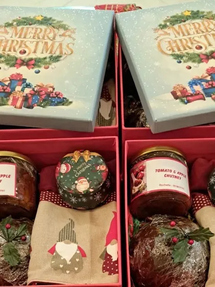 A matching shot of the prepared Christmas hampers, showcasing the consistent quality and care I put into every single order. Each box is packed with the same homemade goodness.