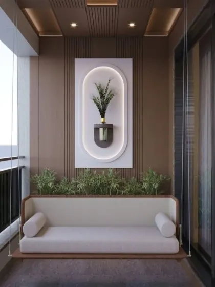 A sleek and modern take on the balcony swing, this custom sofa-style swing features clean lines and neutral upholstery. The vertically slatted wall paneling and contemporary wall art create a sophisticated and stylish look.