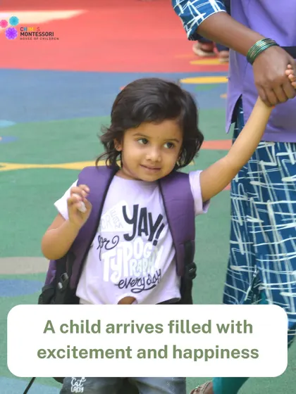A child arrives, holding an adult's hand, feeling safe and happy to start her day at Chimes.