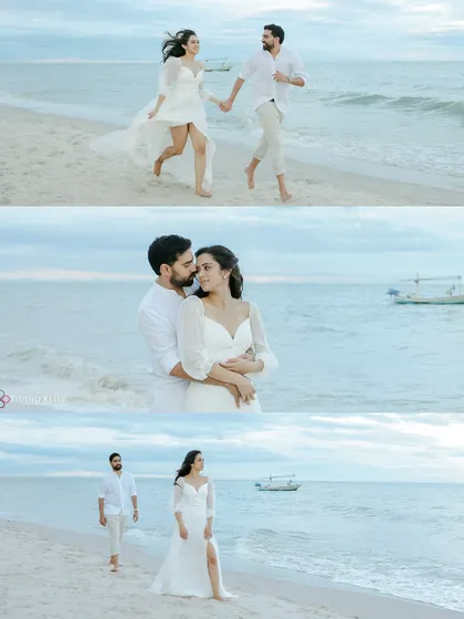 A collage of moments from a pre-wedding shoot in Thailand, showing a mix of playful running, romantic embraces, and thoughtful poses against the beautiful seascape.
