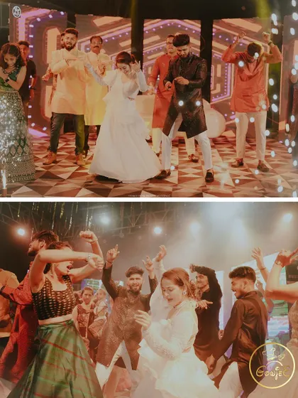 A collage of guests and the couple dancing the night away at their Sangeet.