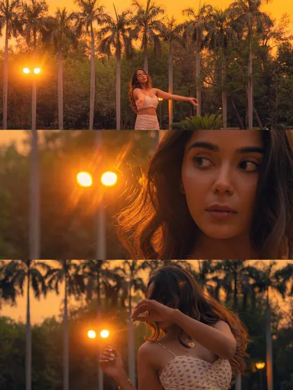 A collage showing different moods and poses from a golden hour shoot. I often use creative angles, like shooting through street lights, to add a dreamy, artistic flair to my portraits.
