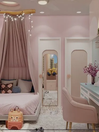 It’s not just about colors, it’s about creating spaces where kids can be free. This pink-themed room features a canopy bed, a well-lit study desk, and whimsical decor to inspire imagination.