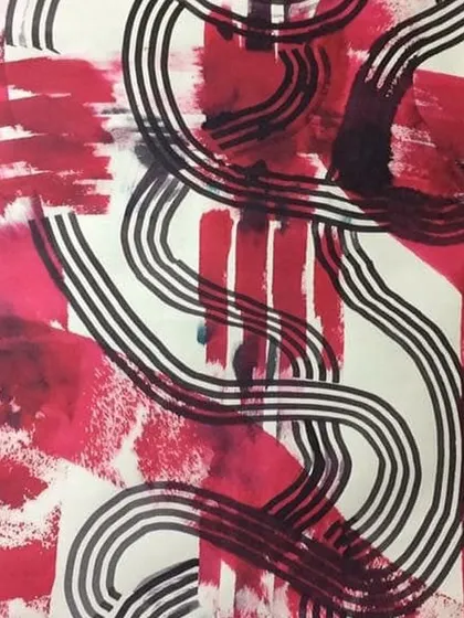 A bold abstract piece in red, black, and white. The strong brushstrokes and looping lines create a sense of dynamic energy and movement.