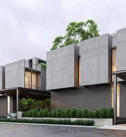 This rendering shows a prototype for a housing master plan in Bangalore. The design explores a modular system of concrete volumes, creating a modern and cohesive streetscape while allowing for individual variation in each residence.