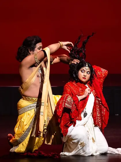 Storytelling through abhinaya, or facial expression, is key to my work. This intense scene from 'Krishnaa' portrays a moment of high drama, relying on the actors' expressions and body language to convey the narrative.