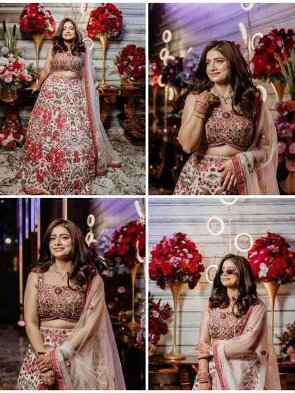 A collection of stunning solo portraits of the bride at her roka ceremony. Her floral lehenga and radiant smile are the highlights of these shots.