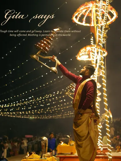 A collection of images from the Ganga Aarti ceremony at different ghats. They showcase the synchronized movements, the brilliant fire, and the spiritual atmosphere of the evening prayer.