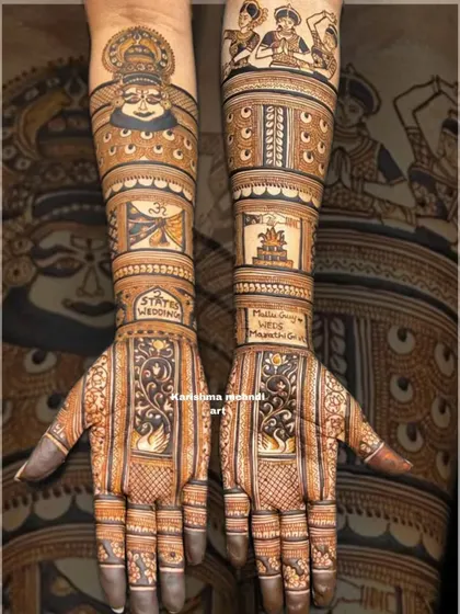 A unique "2 States" wedding theme brought to life through henna, blending cultures in one design. One arm features a detailed Kathakali mask representing the groom's Mallu heritage, while the other depicts traditional Marathi dancers for the bride, creating a beautiful narrative of their union.