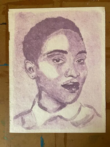 A portrait in purple. This watercolour painting explores the calm and introspective mood of the colour through a human face.