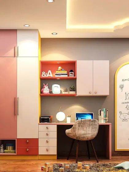 A bright and cheerful kids' room with a colorful striped wardrobe. The integrated study desk and a whiteboard for doodling make this a complete and engaging space for a child.