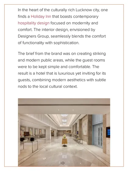 Additional media from the Holiday Inn, Lucknow project. These visuals provide further insight into the design of the lounges, dining areas, guest rooms, and other public spaces, highlighting our commitment to creating a cohesive and culturally resonant hospitality experience.