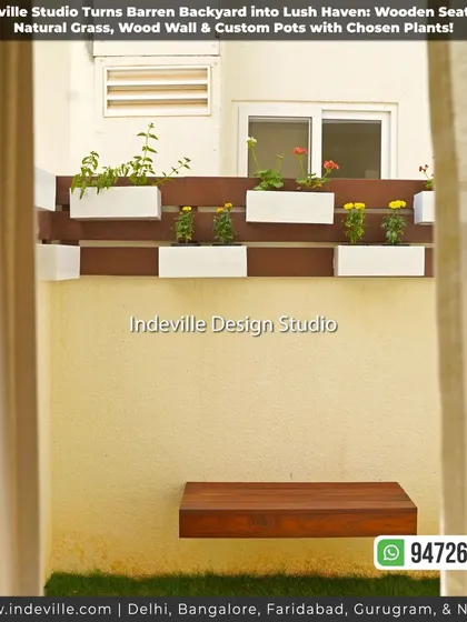 A view from inside the house, looking out into the newly designed backyard. The floating bench and vertical garden create an inviting and artistic scene.