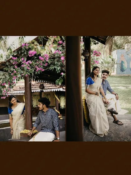 A collage of a couple's romantic moments in a traditional Kerala setting.