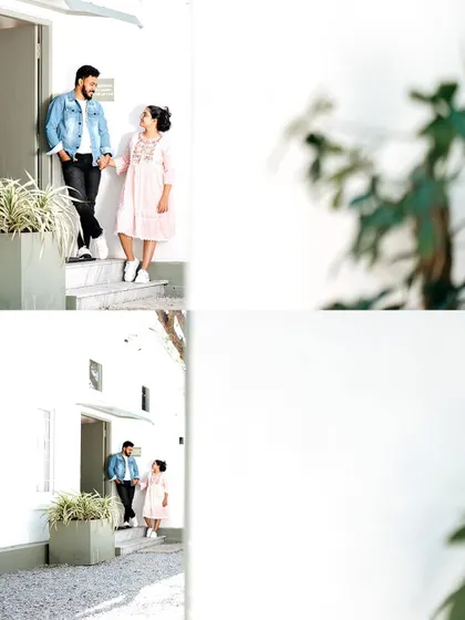 A duplicate of image 42, a diptych showing a couple in a bright, white-walled location for a contemporary pre-wedding look.