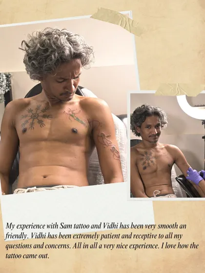 "My experience with Sam tattoo and Vidhi has been very smooth an friendly." A happy client with his new Peter Pan and chest tattoos.