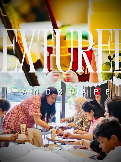 A collage showing the lively atmosphere of our textured landscape workshop. I'm there to guide everyone as they mix colors and build their 3D scenes.