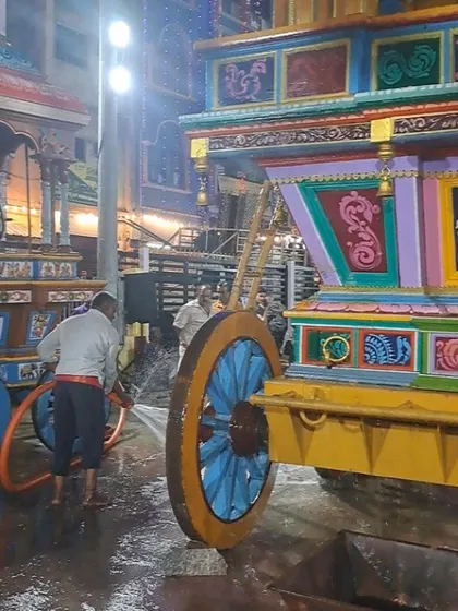 The temple chariot, or 'theru', being prepared for the procession during the Karga festival.