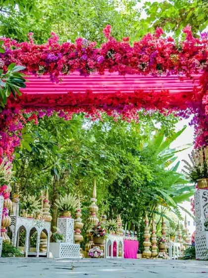 A grand entrance for a Mehendi ceremony, framed with lush pink bougainvillea and other traditional Indian decorative items.