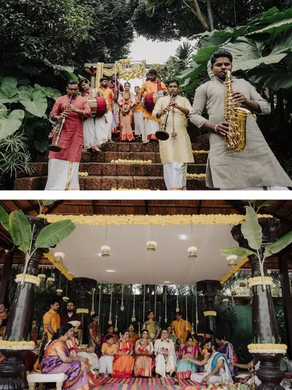 From the grand procession with musicians to the gathering at the mandap, this collage tells the story of a lively and traditional South Indian wedding celebration.