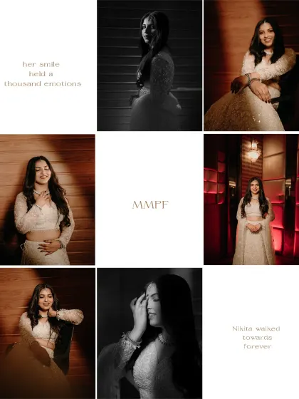 A beautiful collage of bridal portraits, blending color and black and white to tell a story of "a thousand emotions" on her wedding day.