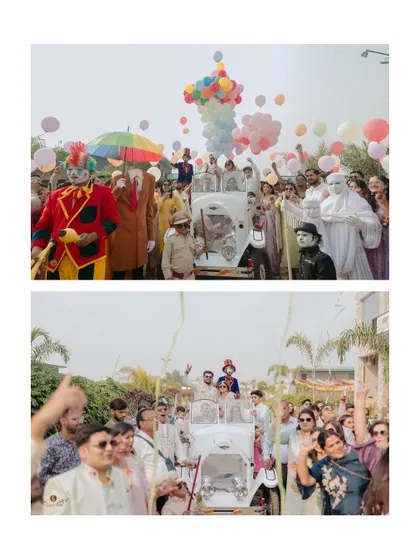 A carnival-themed haldi entry is always a showstopper. This shot captures the grand and festive baraat, complete with performers and a colorful auto-rickshaw, setting a fun tone for the event.