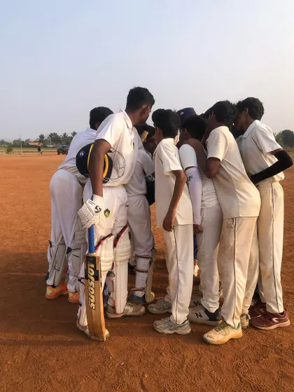 Celebrating a comprehensive team win and a brilliant half-century by our U-12 all-rounder Vikhyath Dodla. Team huddles and celebrations show the strong spirit within our cricket squads.