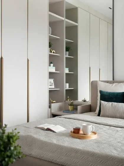 This view highlights the clever integration of a bedside unit within the wardrobe itself. The open, back-lit shelves provide a space for books and decor, replacing a traditional nightstand to save floor space.