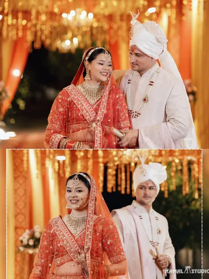 A diptych of the couple, capturing their smiles and the beautiful details of their wedding outfits.