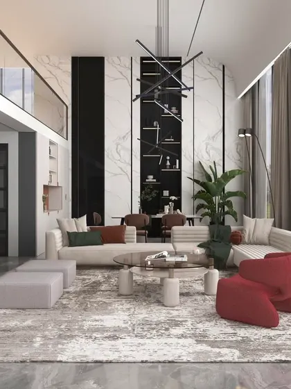 We design expansive, light-filled living rooms that serve as the perfect backdrop for your life's stories. This space combines modern furniture, high ceilings, and a neutral palette with pops of colour to create a sophisticated yet welcoming environment.