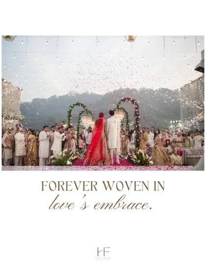 A beautifully framed shot of the couple on stage after their Varmala, with the text 'Forever woven in love's embrace'.
