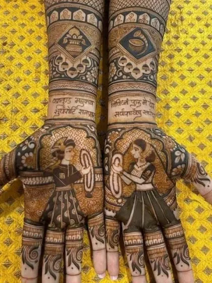 A beautiful example of figure work featuring the bride and groom in traditional attire, complete with Sanskrit verses for a blessed union. This is a popular choice for Marwadi bridal mehndi.
