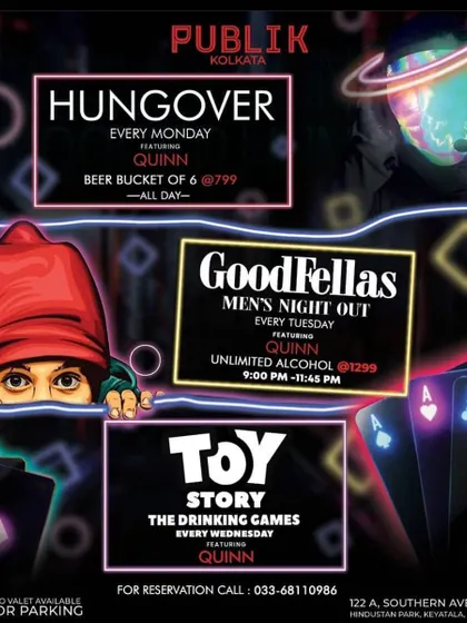 A weekly event poster for my residency at Publik, covering "Hungover" Mondays, "GoodFellas" Tuesdays, and "Toy Story" Wednesdays.