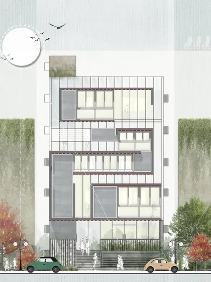 A duplicate of the SCC complex elevation on a lighter background, further illustrating the clarity and balance of the proposed architectural design for this urban commercial project.