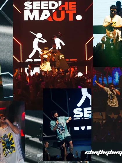 A collage capturing the chaos and energy of a Seedhe Maut show in Jaipur. This format tells the story of the entire night, from the stage to the crowd.