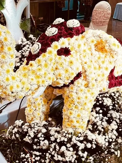 An elephant sculpture crafted entirely from white and maroon flowers. We create unique floral art and sculptures as part of our custom event decor services.