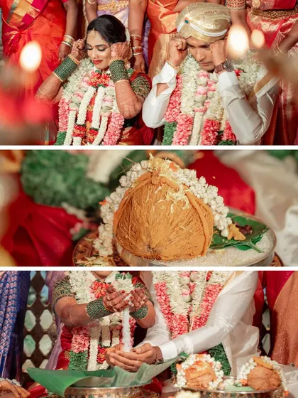 A collage capturing the sacred rituals of a traditional wedding, from the blessings of the elders to the tying of the Mangalsutra. Each photo tells a story of love, family, and heritage.