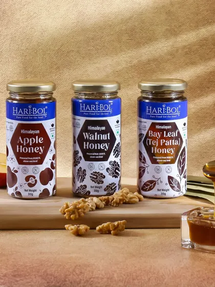 A group shot showcasing three different flavors of Himalayan honey. This type of image is perfect for e-commerce, as it encourages customers to explore the full product range.