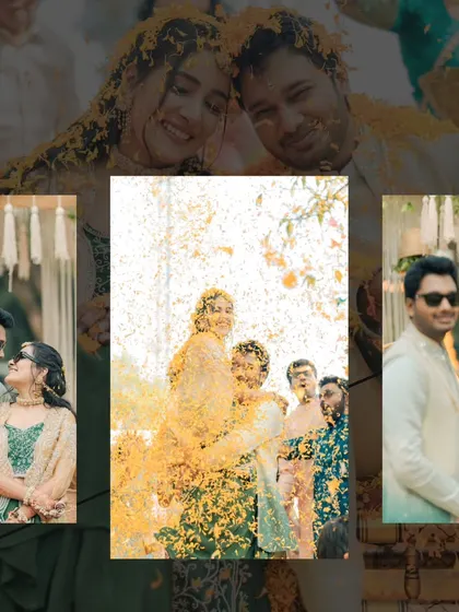 An artistic collage mixing romantic portraits with the fun of the flower shower.