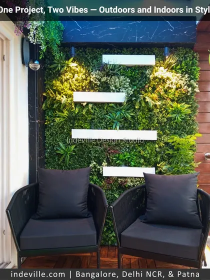This balcony corner is a mini-escape. I installed a lush artificial vertical garden as a backdrop for the sleek black lounge chairs, creating a modern and stylish outdoor seating area with a strong connection to nature.