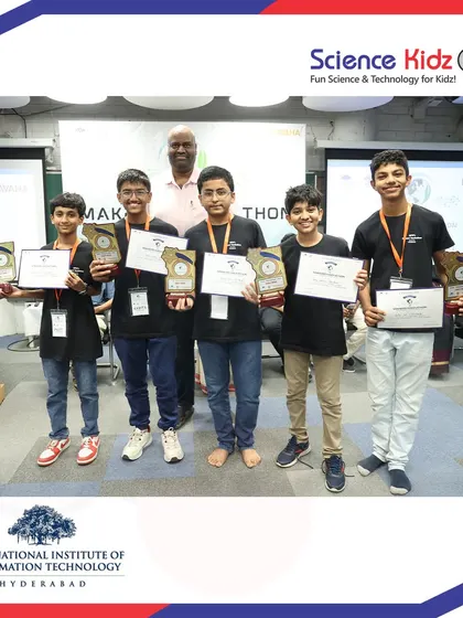 The junior division 1st prize winners at the IIIT Hyderabad make-a-thon. This team of five students collaborated to build an outstanding project focused on sustainability through technology.