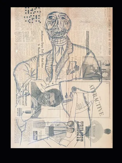 A high-contrast view of F.N. Souza's 1967 'Gentlemen' drawing on newspaper. This format emphasizes the stark lines and the skeletal form of the subject, a recurring theme in his work that I often discuss with collectors of the Progressive Artists' Group.