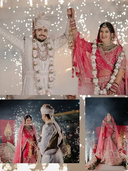We capture the triumphant moments that you'll cherish forever. This collage shows the couple celebrating on stage after their Varmala, hands raised amidst a shower of sparklers, perfectly capturing the joy of being married.
