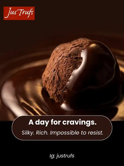Our truffle close-up shows the chocolate centre inside a cut piece, paired with our Truffle Day promotional wording.