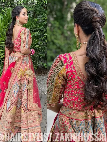 A unique and modern ponytail with twisted sections and soft waves. This is a beautiful choice for a bride who wants a contemporary yet romantic hairstyle.