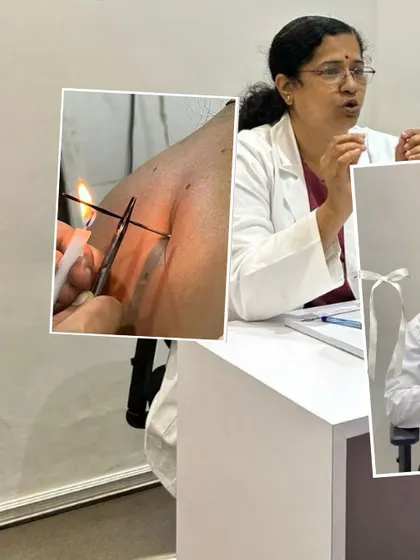 A look at our expert care. This collage shows one of our senior doctors in consultation, alongside a close-up of a therapeutic procedure. We are committed to providing authentic, hands-on Ayurvedic treatments.